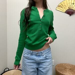 y2k vintage kelly green cotton button henley thermal long sleeve top